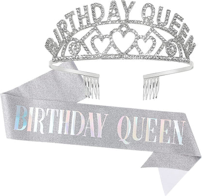 CAVETEE Gold Birthday Queen Rhinestone Tiara and Sash- Birthday Tiara and Sash Birthday Party Favors Glitter Birthday Decorations for Women（Multi Color Letter） Apparel & Accessories > Clothing Accessories > Sashes CAVETEE Silver Queen  