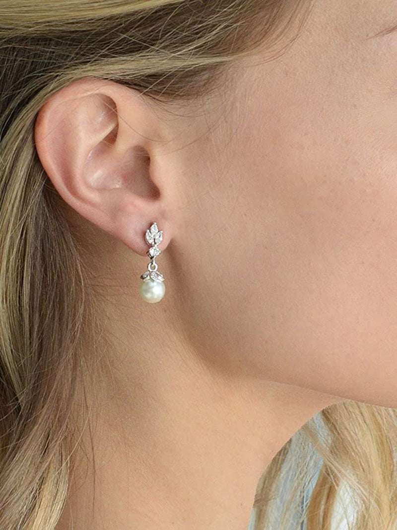 Mariell Light Ivory Pearl Drop Vintage Wedding Earrings with Platinum Plated Cubic Zirconia Marquis Apparel & Accessories > Jewelry > Earrings Mariell   