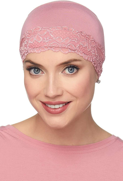 Cardani Lace Sleep Cap - Soft Hat Liner Viscose from Bamboo Apparel & Accessories > Clothing Accessories > Headwear Cardani Rose Quartz With Rose Quartz Lace One Size 