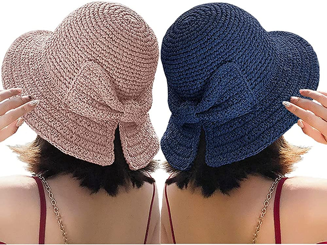Foldable Wide Brim Floppy Straw Beach Sun Hat,Summer Cap with Bowknot for Women Girls,Strap Adjustable Apparel & Accessories > Clothing Accessories > Hats Bseash 2 Pack Pink & Navy Blue  