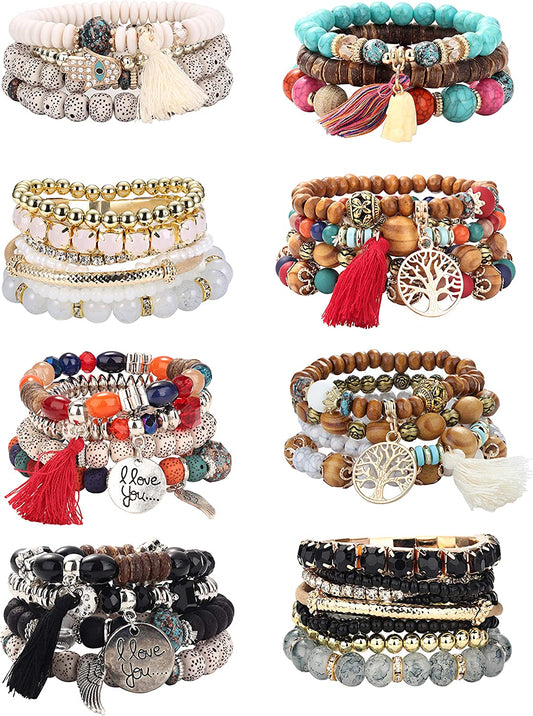 LOYALLOOK 8 Sets Bohemian Stretch Wood Beaded Bracelets for Women Boho Tassel Bracelet Set Bead Strand Bangle Charm Multilayer Stackable Bracelets Apparel & Accessories > Jewelry > Bracelets LOYALLOOK   