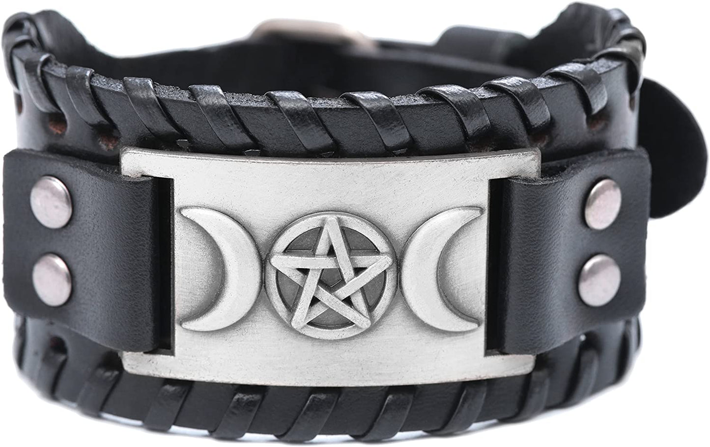 VASSAGO Vintage Pagan Triple Moon Goddess Pentacle Pentagram Metal Amulet Cuff Leather Bracelet Apparel & Accessories > Jewelry > Bracelets YiYou   