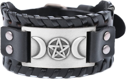 VASSAGO Vintage Pagan Triple Moon Goddess Pentacle Pentagram Metal Amulet Cuff Leather Bracelet Apparel & Accessories > Jewelry > Bracelets YiYou   
