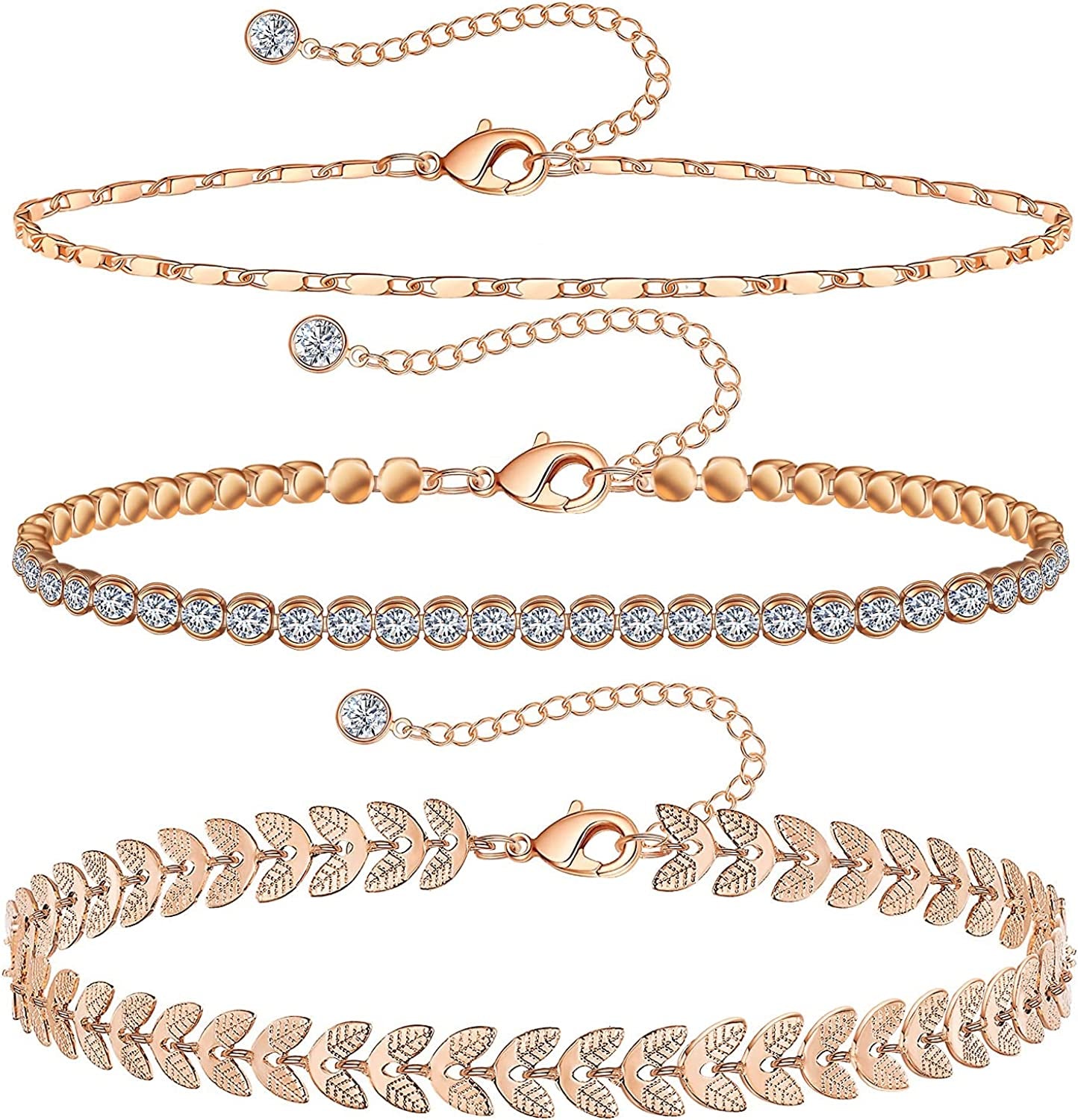 Gold Ankle Bracelets for Women 14K Gold Plated Anklet Silver Tennis Rose Quartz Cross Bead Herringbone Snake Paperclip Chain Cubic Zirconia Dainty Layered Anklet Set 3Pcs Apparel & Accessories > Jewelry > Anklets WeSparking C-Rose Gold-Tennis  