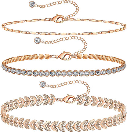 Gold Ankle Bracelets for Women 14K Gold Plated Anklet Silver Tennis Rose Quartz Cross Bead Herringbone Snake Paperclip Chain Cubic Zirconia Dainty Layered Anklet Set 3Pcs Apparel & Accessories > Jewelry > Anklets WeSparking C-Rose Gold-Tennis  
