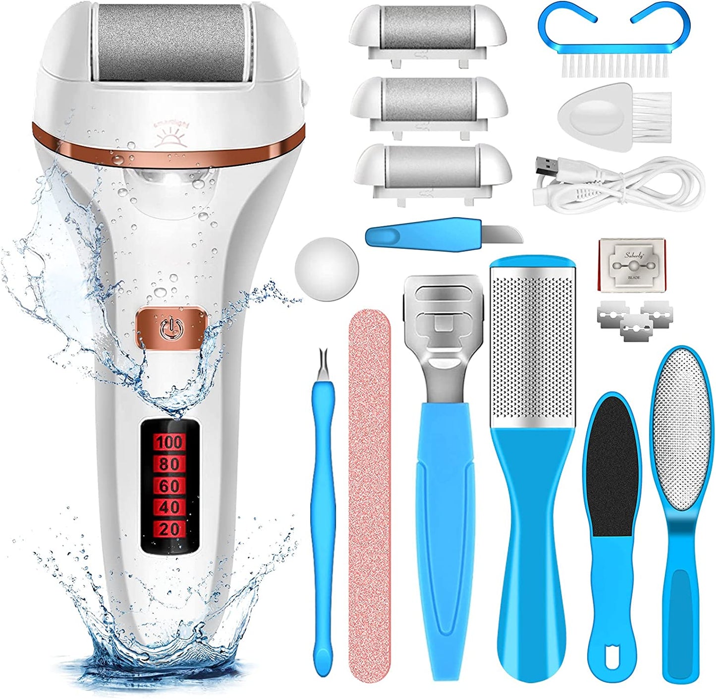 Electric Foot File Callus Remover for Feet, Rechargeable Pedicure Tools Foot Care Kit, Callus Remover with 3 Roller Heads,2 Speed,Battery Display for Remove Cracked Heels Calluses and Hard Skin Health & Beauty > Personal Care > Foot Care DanByte White & Black & Blue  