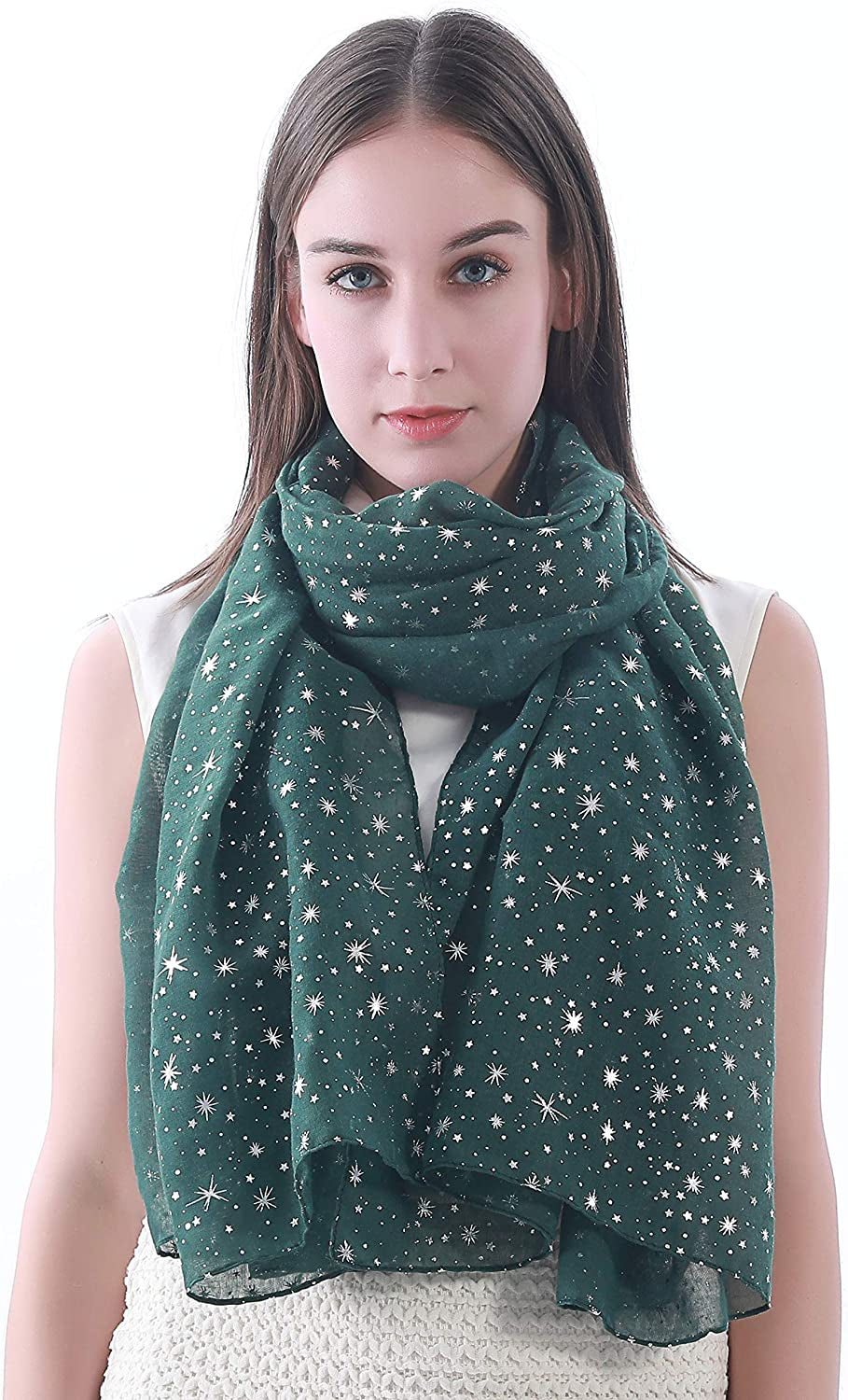 Lina & Lily Silver Gold Glitters Shimmer Foil Stars Women Scarf Shawl Wrap Apparel & Accessories > Clothing Accessories > Scarves & Shawls Lina & Lily Dark Green (Silver Stars)  