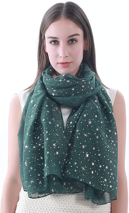 Lina & Lily Silver Gold Glitters Shimmer Foil Stars Women Scarf Shawl Wrap Apparel & Accessories > Clothing Accessories > Scarves & Shawls Lina & Lily Dark Green (Silver Stars)  