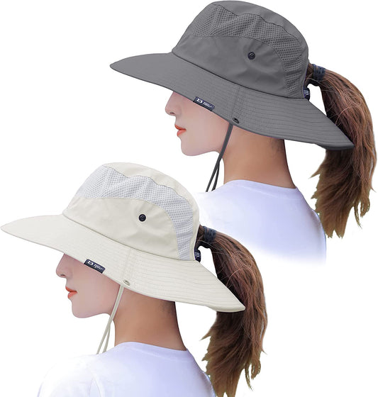 Muryobao 2 Pack Womens Sun Hat Wide Brim UV Protection Beach Hats with Ponytail Hole Apparel & Accessories > Clothing Accessories > Hats Muryobao 2 Pack - Beige & Gray  