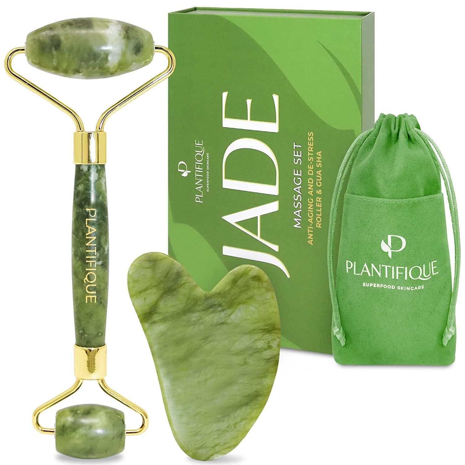Premium Certified Jade Roller Gift and Gua Sha Set - Includes anti Aging Face Roller and Gua Sha Facial Tool - Face Massager for Your Skincare Routine by Plantifique Health & Beauty > Personal Care > Cosmetics > Cosmetic Tools > Skin Care Tools PLANTIFIQUE Jade Gua Sha and Roller  