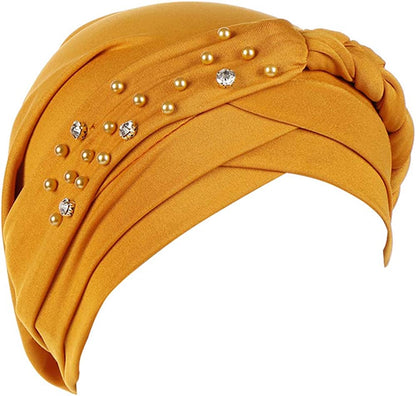 Beauty YFJH Women Hijab Beading Pre-Tied Twisted Braid Turban Hat Head Scarf Cancer Chemo Beanies Headwear Headwrap Cap Apparel & Accessories > Clothing Accessories > Headwear beauty YFJH Yellow  