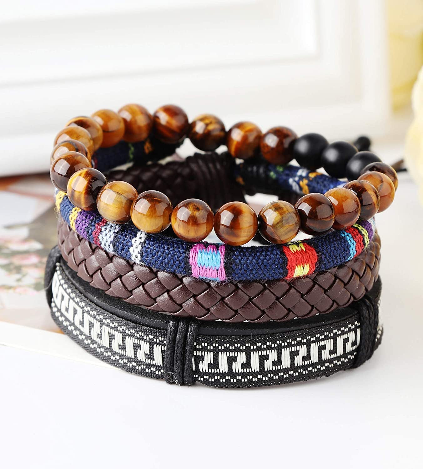 LOLIAS 18Pcs Leather Chakra Bead Tribal Bracelet for Men Women Charm Ethnic Wood Beaded Hemp Bracelets Boho Wristbands Apparel & Accessories > Jewelry > Bracelets LOLIAS   