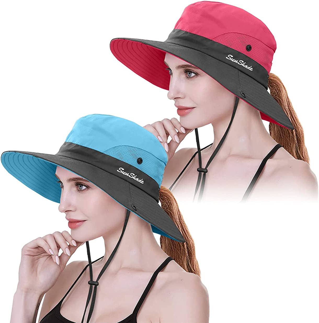 IYEBRAO 2 Pack Womens Ponytail Sun Hat UV Protection Bucket Hats Foldable Wide Brim Summer Boonie Beach Cap Fishing Hiking Apparel & Accessories > Clothing Accessories > Hats 29 IYEBRAO Sky Blue & Watermelon Red  
