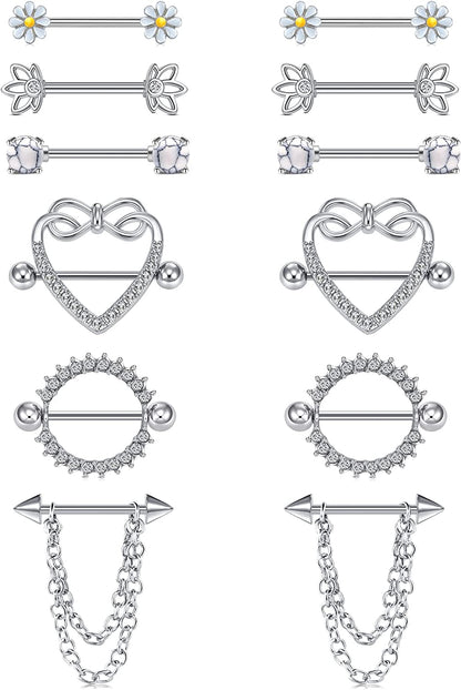 TOKRING 14G 14Mm 16Mm Nipple Rings Surgical Steel Nipple Barbell Nipple Piercing Jewelry for Women Girls Apparel & Accessories > Jewelry > Body Jewelry TOKRING Style C: 16mm silver  