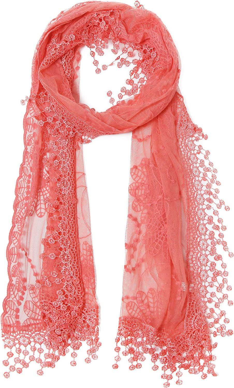 Cindy and Wendy Lightweight Soft Leaf Lace Fringes Scarf Shawl for Women Apparel & Accessories > Clothing Accessories > Scarves & Shawls Cindy and Wendy Tyh-coral  