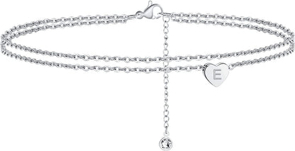 Turandoss Silver Heart Initial Ankle Bracelets for Women, 14K White Gold Filled Handmade Dainty Layered Silver Anklet Letter Initial Heart Ankle Bracelets for Women Silver Summer Foot Beach Jewelry Apparel & Accessories > Jewelry > Anklets Turandoss E  