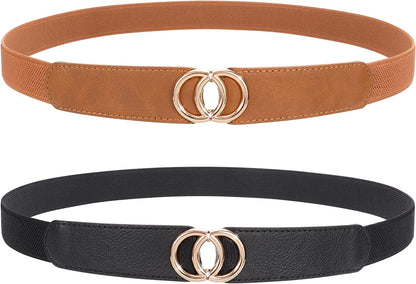 JASGOOD 2 Pack 3 Pack Women Retro Elastic Stretchy Metal Buckle Skinny Waist Belt 1 Inch Wide Apparel & Accessories > Clothing Accessories > Belts KYLIE MAX M-black+brown FIts Waist 27"-31" 