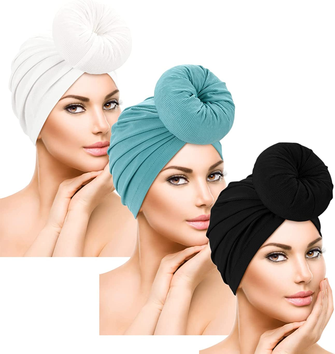 DANMY Women'S Beanie Turban Hats, Indian Hats Headscarves, Beanie Hats for Women,Turban for Women Apparel & Accessories > Clothing Accessories > Headwear DANMY White & Black & Green -3pcs  