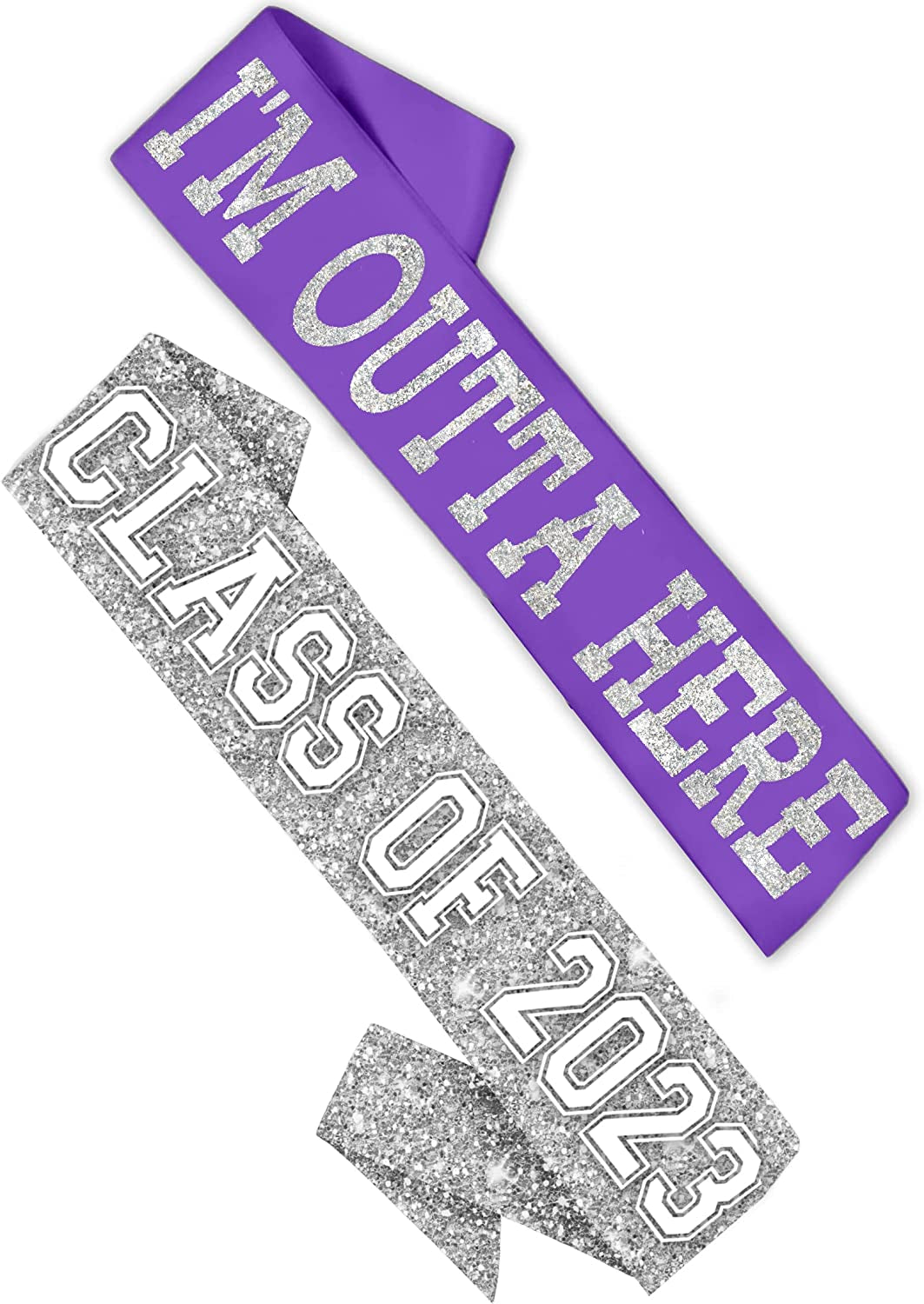 Rhinestonesash Senior Silver Glitter Purple Premium Quality Purple Satin Sash - Senior Night Supplies and Gifts - Purple Sash(Senior) Pur Apparel & Accessories > Clothing Accessories > Sashes RhinestoneSash 2 Piece Set - Purple (Outta Here) & Silver Sparkle (Class Of)  