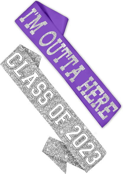 Rhinestonesash Senior Silver Glitter Purple Premium Quality Purple Satin Sash - Senior Night Supplies and Gifts - Purple Sash(Senior) Pur Apparel & Accessories > Clothing Accessories > Sashes RhinestoneSash 2 Piece Set - Purple (Outta Here) & Silver Sparkle (Class Of)  