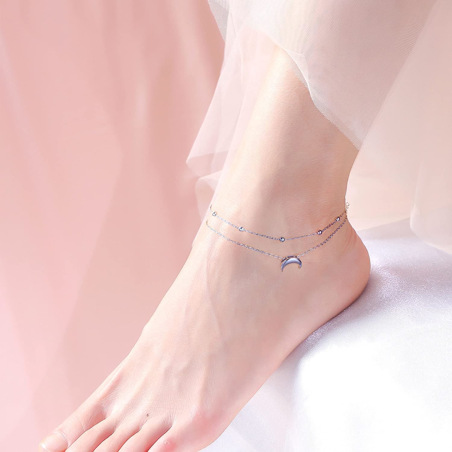 Star Moon Layered Anklet 925 Sterling Silver Sunflower Anklets for Women Girls Adjustable Beads Crescent Ankle Bracelet Boho Beach Foot Chain 9+1.5 Inch Charm Jewelry Birthday Gifts Apparel & Accessories > Jewelry > Anklets SilverSea Jewelry   