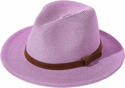JOYEBUY Womens UPF50 Foldable Summer Straw Hat Wide Brim Fedora Sun Beach Hat Apparel & Accessories > Clothing Accessories > Hats JOYEBUY Y-brown Belt Purple  