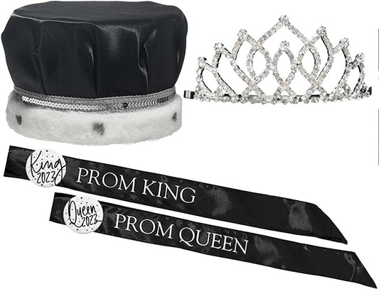 Prom Royalty Set - Rhinestone Tiara, Crown, Sashes, Buttons Apparel & Accessories > Clothing Accessories > Sashes Anderson's Armande Tiara/Black Crown/Black Sash/White Button  