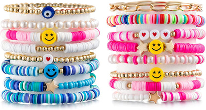 Lietoi Preppy Heishi Bracelets Set Colorful White Gold Smile Heart Star Evil Eye Beaded Polymer Clay Pearl Stackable Charm Y2K Kidcore Summer Beach Bohemian Layering Bracelets Jewelry for Women Girls Teens Apparel & Accessories > Jewelry > Bracelets LieToi Colorful  
