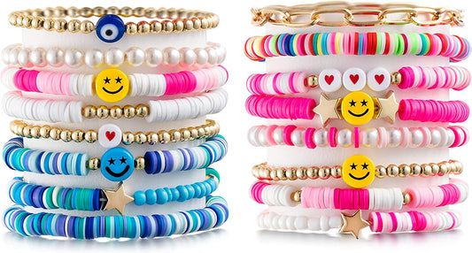 Lietoi Preppy Heishi Bracelets Set Colorful White Gold Smile Heart Star Evil Eye Beaded Polymer Clay Pearl Stackable Charm Y2K Kidcore Summer Beach Bohemian Layering Bracelets Jewelry for Women Girls Teens Apparel & Accessories > Jewelry > Bracelets LieToi Colorful  