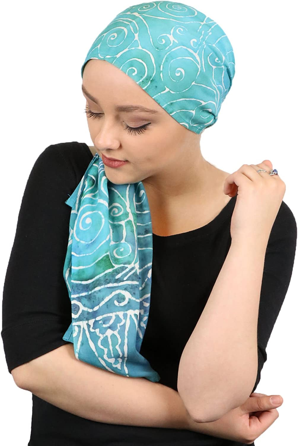 Hats, Scarves & More Headscarf Head Wrap for Women Chemo Headwear Cancer Scarf Head Covering Bali Batik 15 X 60 Inches Apparel & Accessories > Clothing Accessories > Headwear Hats Scarves & More Turquoise Swirl  