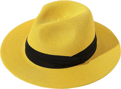 Lanzom Women Wide Brim Straw Panama Roll up Hat Belt Buckle Fedora Beach Sun Hat UPF50+ Apparel & Accessories > Clothing Accessories > Hats Lanzom Yellow One Size 