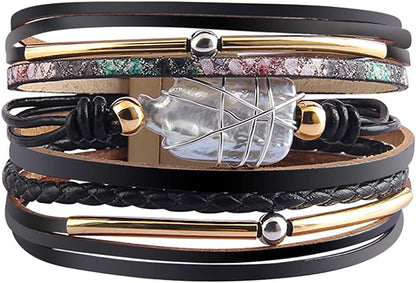 Fesciory Leather Wrap Bracelet for Women, Leopard Multi-Layer Magnetic Buckle Cuff Bracelet Jewelry Apparel & Accessories > Jewelry > Bracelets Fesciory B11-Black Leather(Pearl)  