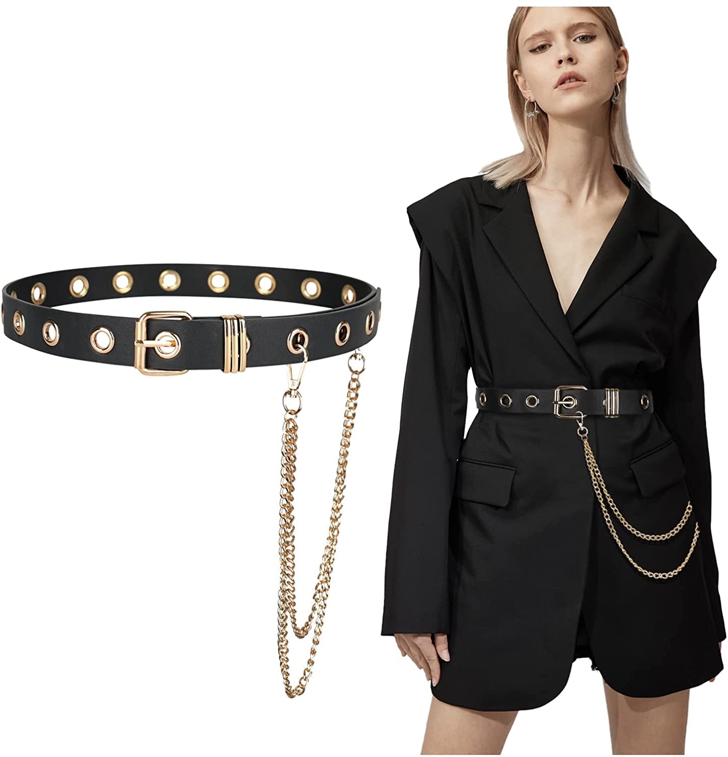 FIORETTO Grommet Leather Belt with Detachable Chain Women Men Punk Rock Waist Belts for Jeans Pants Apparel & Accessories > Clothing Accessories > Belts FIORETTO Black (With Gold Chain) One Size 