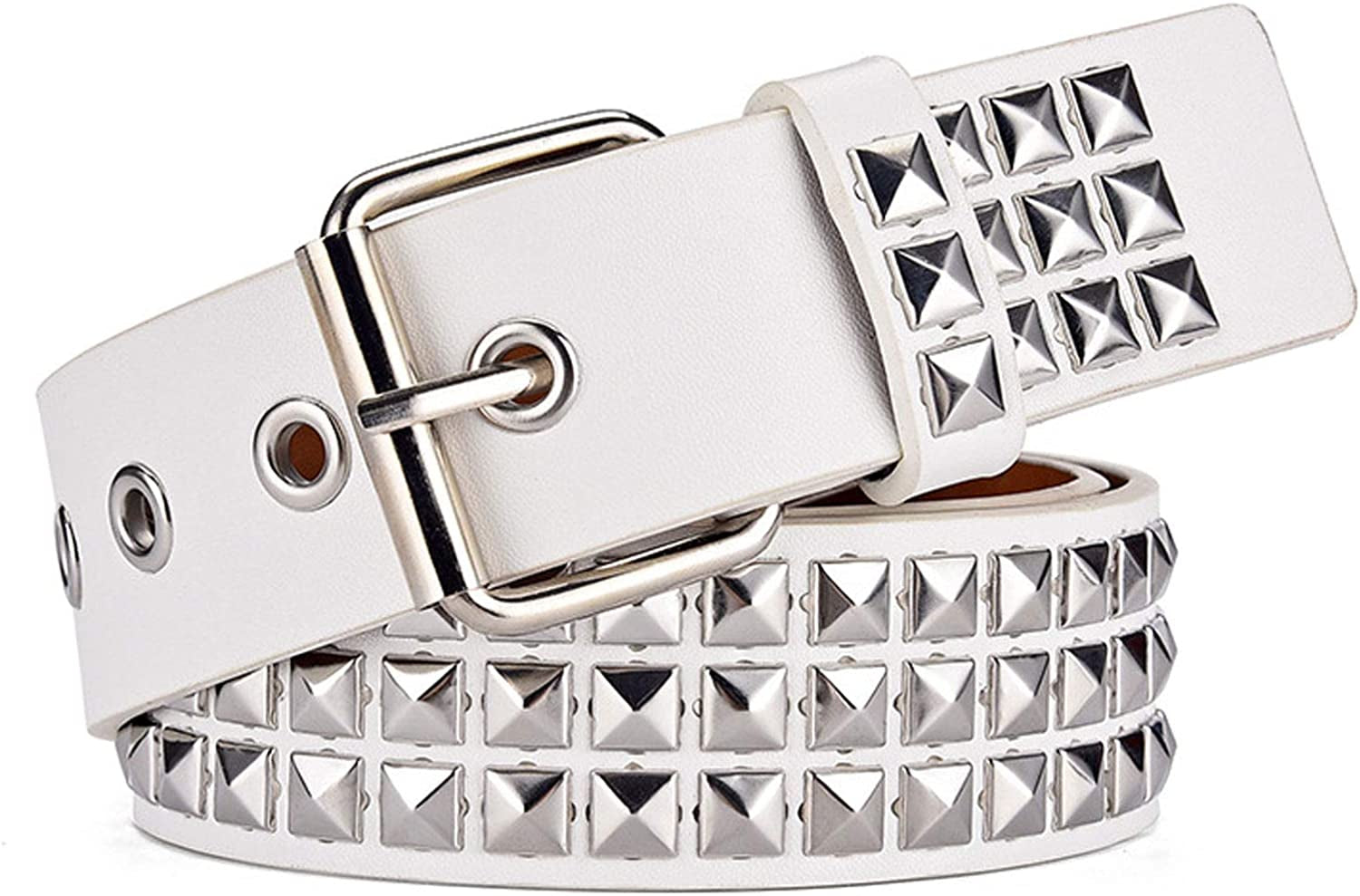 Three Row Punk Studded Belt, Black Belt Metal Pyramid Belt Gothic Rivet for Jeans Pants Apparel & Accessories > Clothing Accessories > Belts DCEVERTTO White  