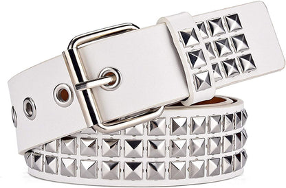 Three Row Punk Studded Belt, Black Belt Metal Pyramid Belt Gothic Rivet for Jeans Pants Apparel & Accessories > Clothing Accessories > Belts DCEVERTTO White  
