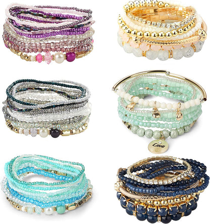 LOYALLOOK 6 Sets Bohemian Stackable Bead Bracelets for Women Stretch Bangles Bohemian Style Stretch Multilayered Bracelet Set Apparel & Accessories > Jewelry > Bracelets LOYALLOOK   