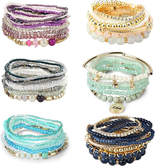 LOYALLOOK 6 Sets Bohemian Stackable Bead Bracelets for Women Stretch Bangles Bohemian Style Stretch Multilayered Bracelet Set Apparel & Accessories > Jewelry > Bracelets LOYALLOOK   