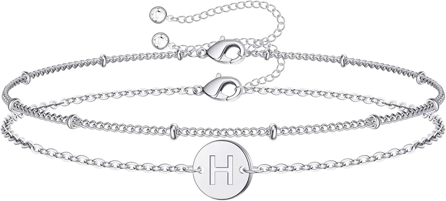 Silver Initial Bracelets for Women Teen Girls, 14K White Gold Filled Layered Letter Initial Bracelet Dainty Disc Initial Charm Bracelets Silver Bracelets for Women Girls Jewelry Gifts for Girls Apparel & Accessories > Jewelry > Bracelets MONOZO H  