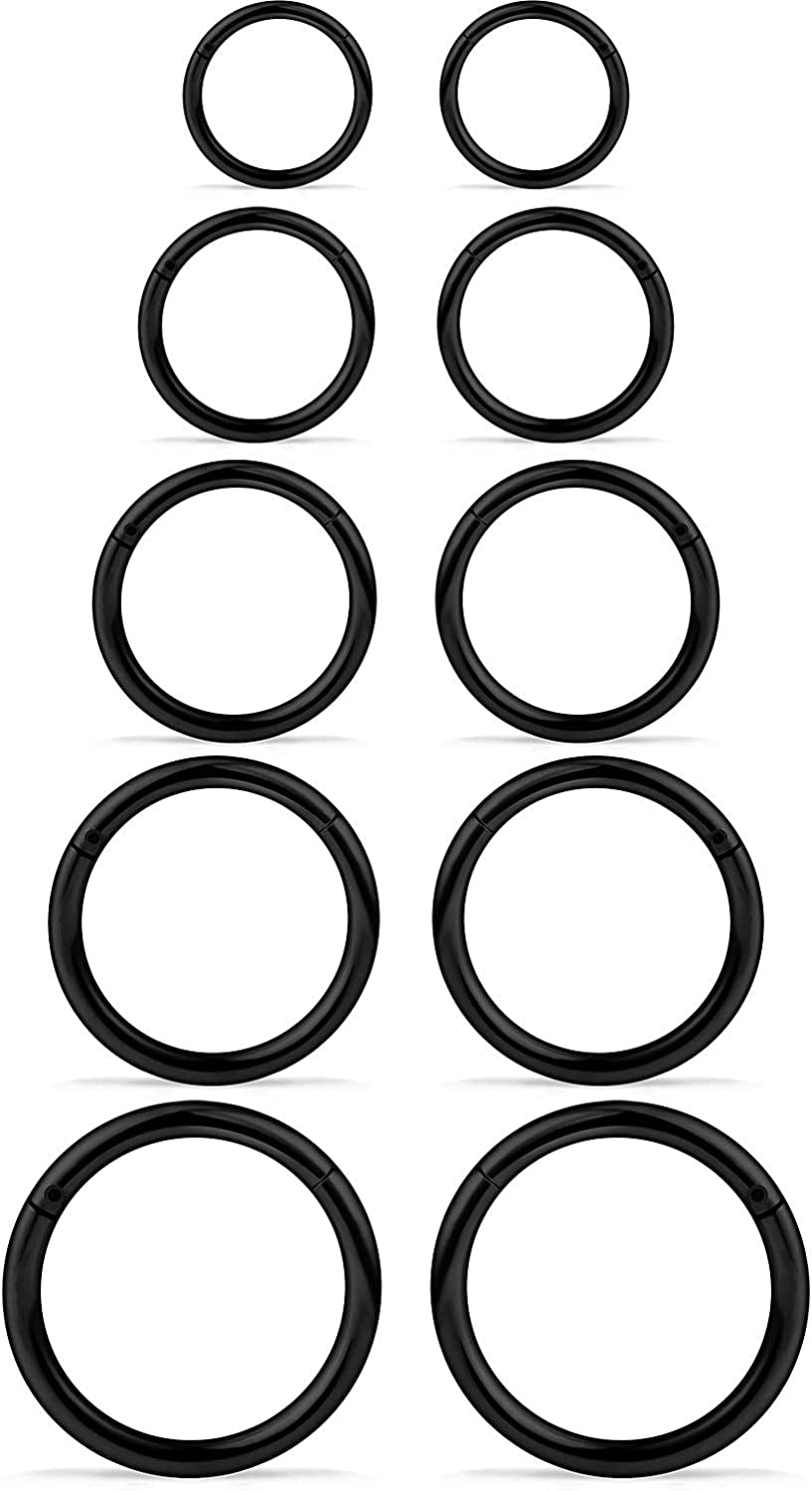 SCERRING 3-10PCS 16G Stainless Steel Hinged Clicker Segment Septum Nose Lip Ring Hoop Cartilage Tragus Sleeper Earrings Body Piercing Jewelry 8Mm 10Mm 12Mm 14Mm 16Mm Apparel & Accessories > Jewelry > Rings SCERRING 10PCS - 16G Black  
