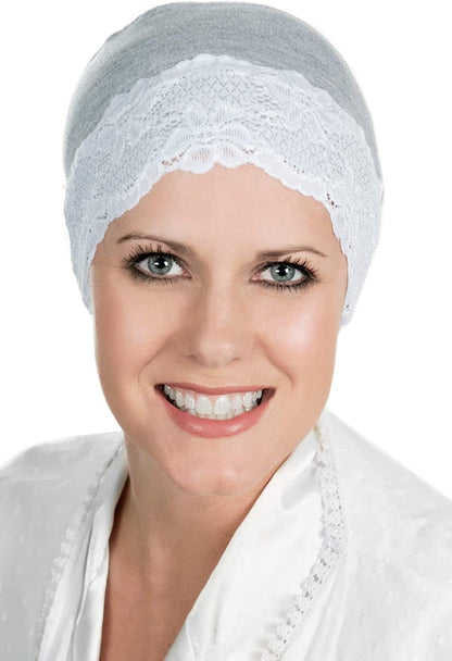 Cardani Lace Sleep Cap - Soft Hat Liner Viscose from Bamboo Apparel & Accessories > Clothing Accessories > Headwear Cardani Grey Heather With White Lace One Size 