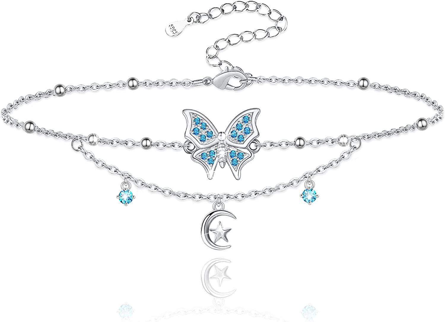 Butterfly Anklet for Women 925 Sterling Silver Layered Anklets Bracelets Adjustable Summer Beach Anklets Jewelry Gifts for Women Girls Wife Grandmother Apparel & Accessories > Jewelry > Anklets Allurelady Blue Butterfly  