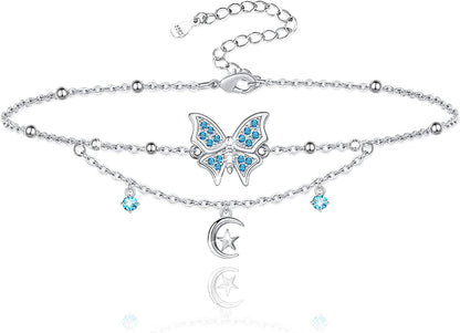 Butterfly Anklet for Women 925 Sterling Silver Layered Anklets Bracelets Adjustable Summer Beach Anklets Jewelry Gifts for Women Girls Wife Grandmother Apparel & Accessories > Jewelry > Anklets Allurelady Blue Butterfly  