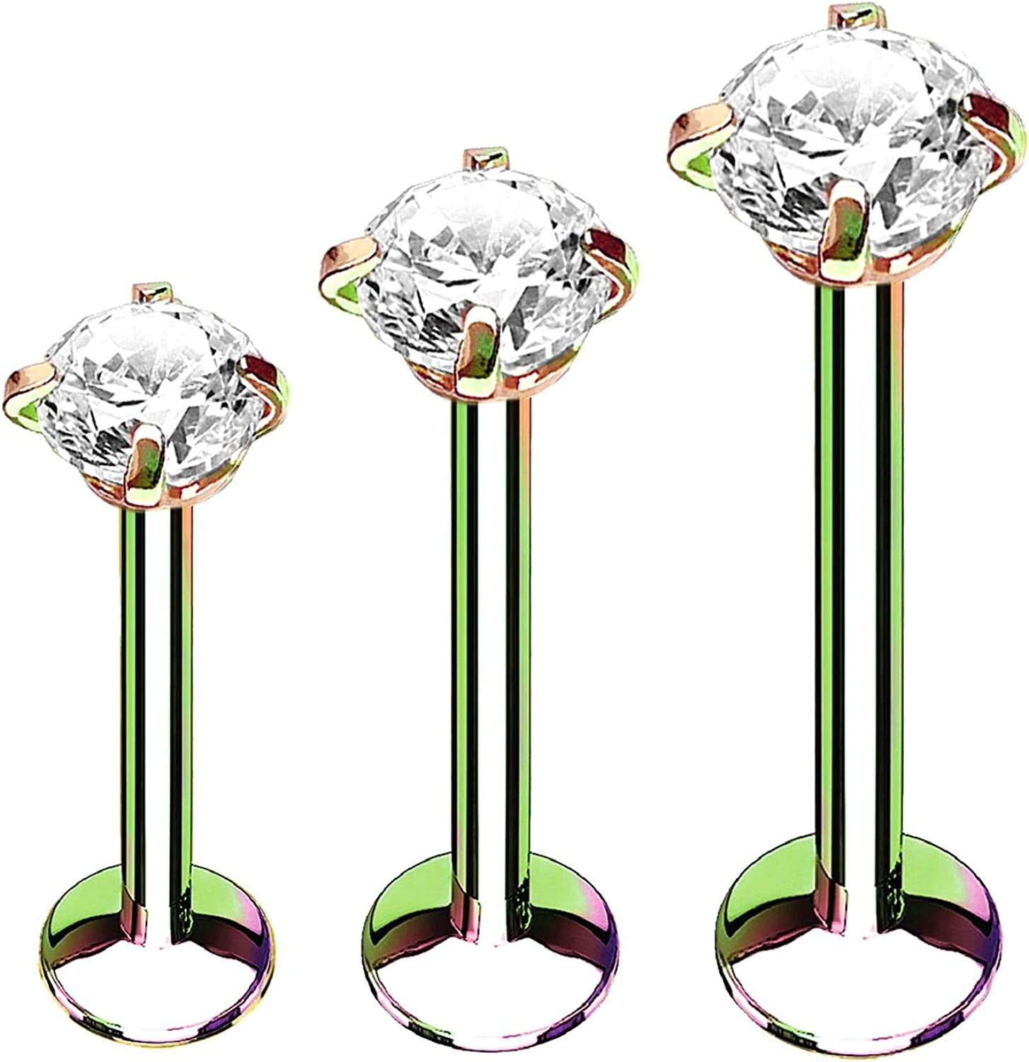 Bodyj4You 3PC Labret Tragus Stud Earrings | 16G Surgical Stainless Steel CZ Crystal | Monroe Helix Cartialge Conch Medusa Lip | Body Piercing Jewelry Set Apparel & Accessories > Jewelry > Body Jewelry BodyJ4You Rainbow Steel, Clear CZ  