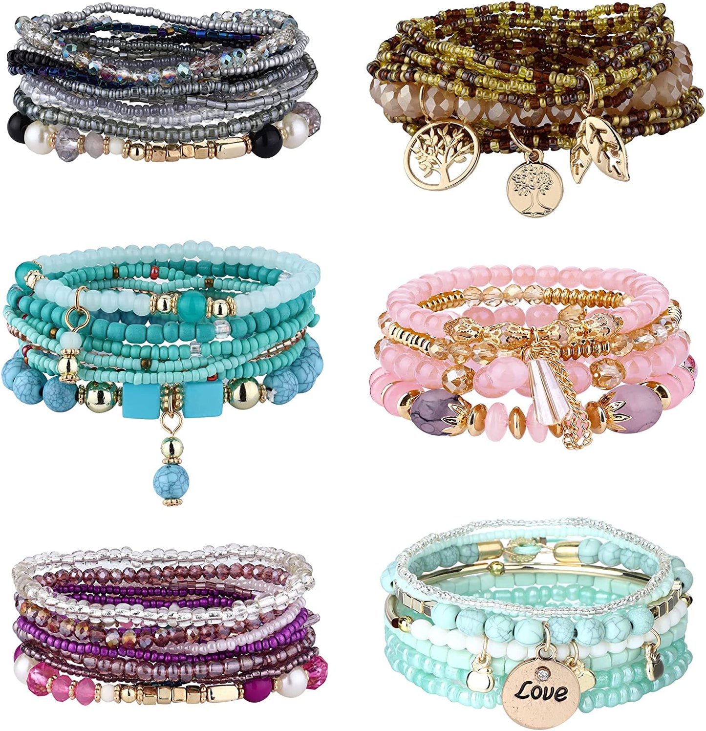 Jstyle Bohemian Stackable Bead Bracelets for Women 6 Sets Stretch Beaded Bracelets Multi-Color Boho Jewelry for Women Multilayer Bracelet Boho Apparel & Accessories > Jewelry > Bracelets Jstyle B:Pink Black Turquoise Stretch Bracelets  
