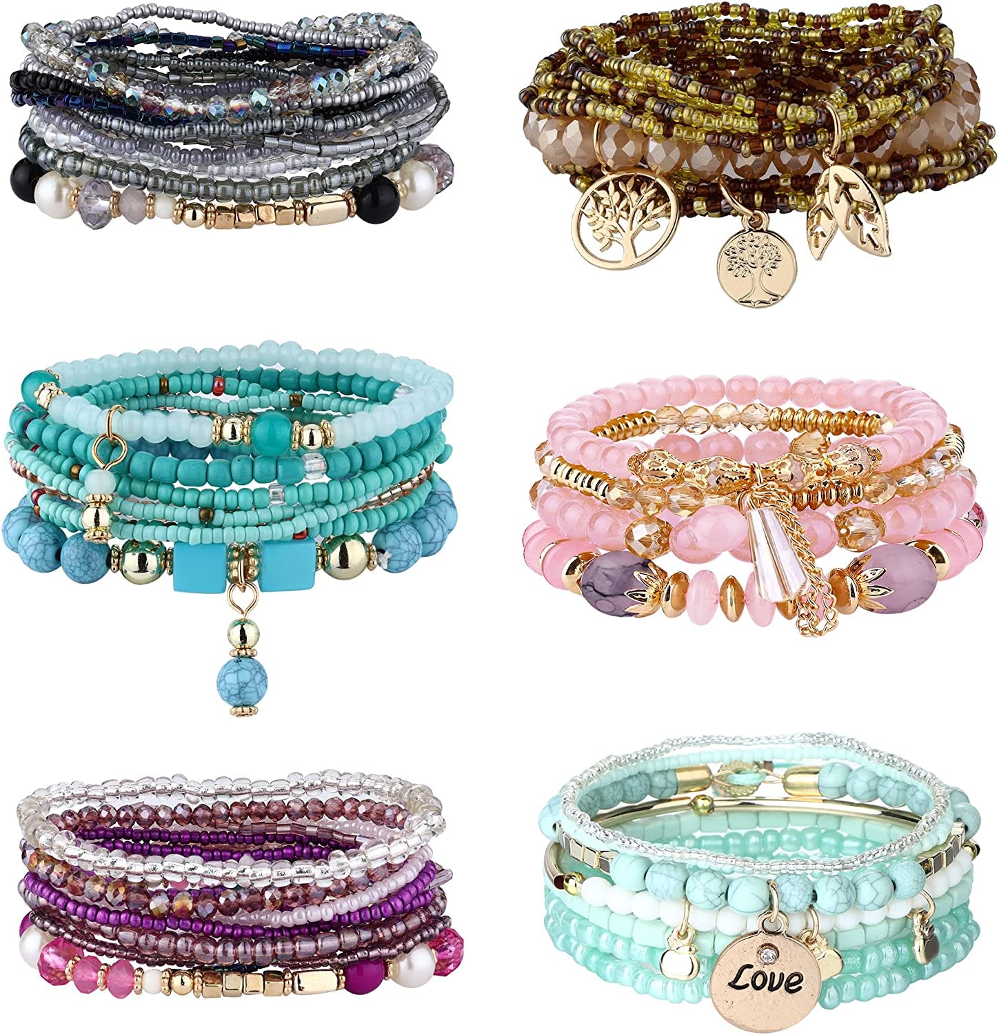 Jstyle Bohemian Stackable Bead Bracelets for Women 6 Sets Stretch Beaded Bracelets Multi-Color Boho Jewelry for Women Multilayer Bracelet Boho Apparel & Accessories > Jewelry > Bracelets Jstyle B:Pink Black Turquoise Stretch Bracelets  