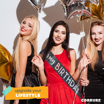 CORRURE 'It'S My Birthday' Sash Glitter with Multicolor Foil - Black Glitter Happy Birthday Sash for Women - Party Favors Supplies and Decorations for Sweet 16, 18Th 21St 30Th 40Th or Any Bday Party Apparel & Accessories > Clothing Accessories > Sashes CORRURE   