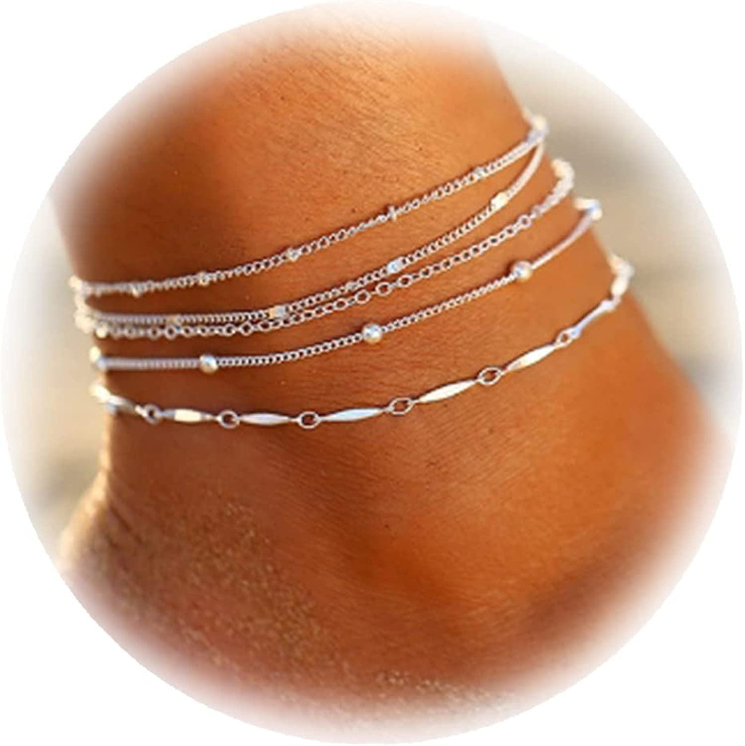 Five Layered Anklet Bracelets for Women Silver Gold Beaded Chain Anklet for Teen Girls Boho Multi-Layered Anklet Bracelets Beach Foot Chain Jewelry Jewelry Gifts Apparel & Accessories > Jewelry > Anklets Dcfywl731 Silver  