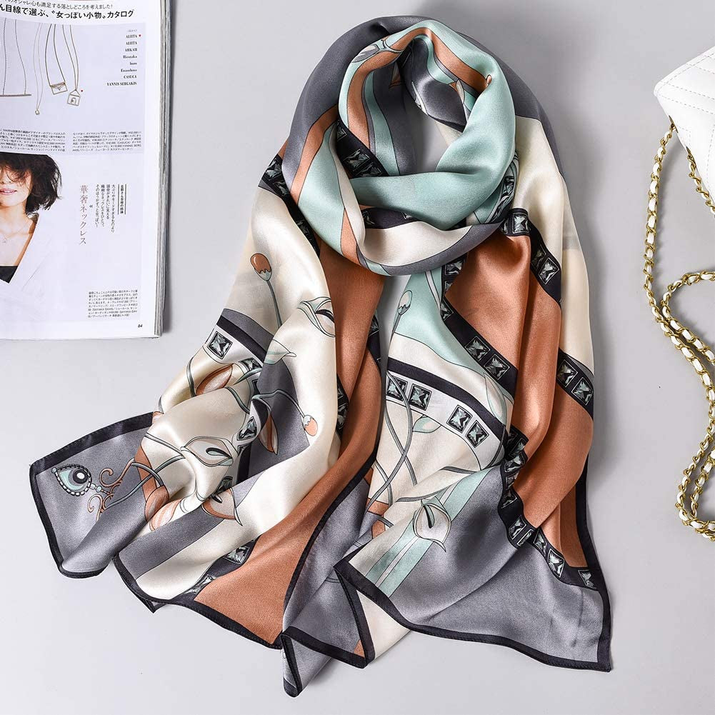 Women'S Mulberry Silk Scarf Floral Print Satin Long Scarf Wrap Shawl Apparel & Accessories > Clothing Accessories > Scarves & Shawls Smi&Love   