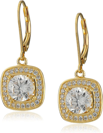 Collection Sterling Silver Cubic Zirconia Round-Cut Halo Drop Leverback Earrings (3 Cttw) Apparel & Accessories > Jewelry > Earrings Amazon Collection Yellow  