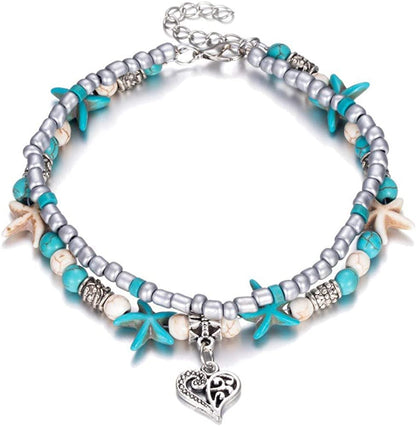 Softones Blue Starfish Turtle Anklet Multilayer Charm Beads Sea Handmade Boho Anklet Foot Jewelry for Women Girl Apparel & Accessories > Jewelry > Anklets Softones P:Heart  